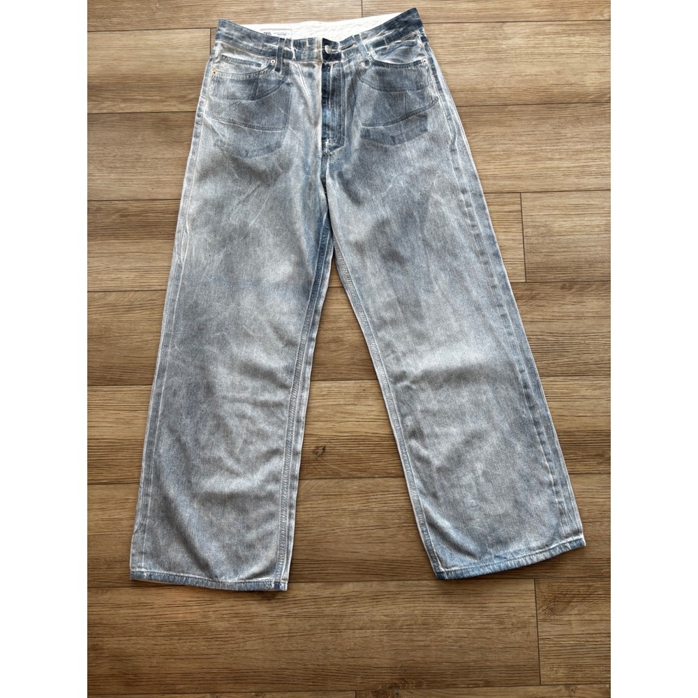 Zara Women Acid Wash Wide Leg Jeans Light Blue Baggy Denim Size 10